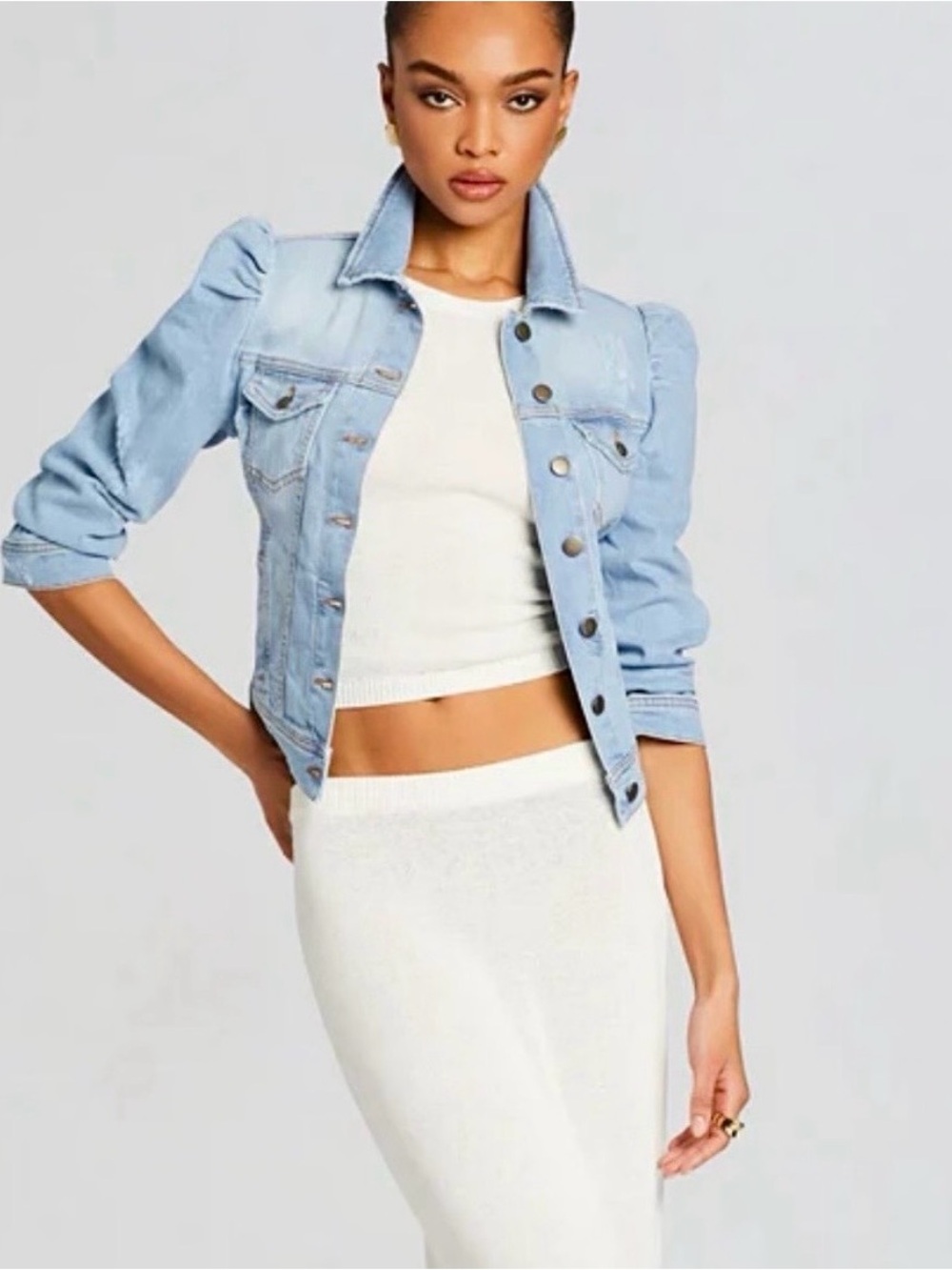 Retrofête Ada Denim Puff Shoulder Jean Jacket | Light Blue Stone | Size S | NWOT - Picture 5 of 12